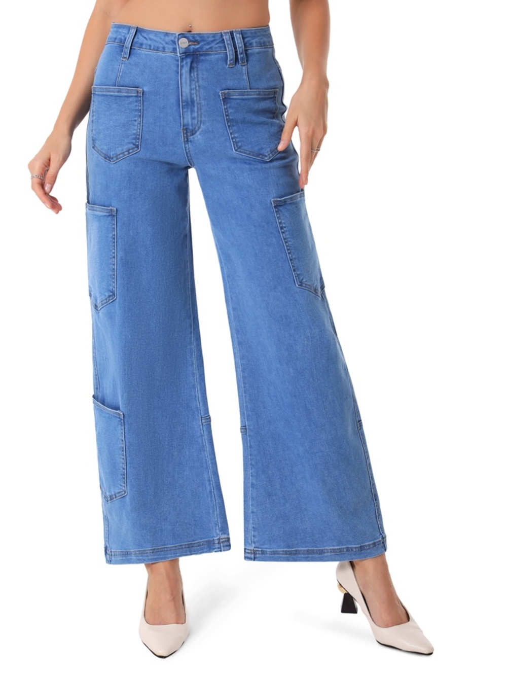 Oneso Baggy Wide Leg High Rise Cargo Patch Pocket Stretch Denim Blue Jeans 16